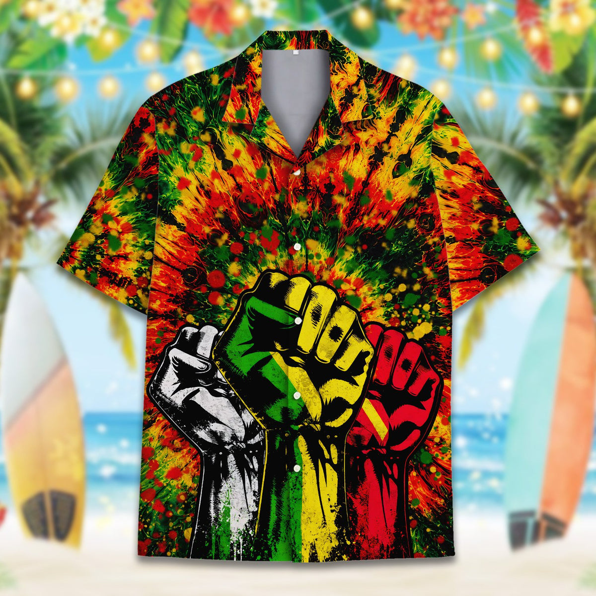 Detailed front view of the abstract tie-dye style hawaiian shirt with raised fists