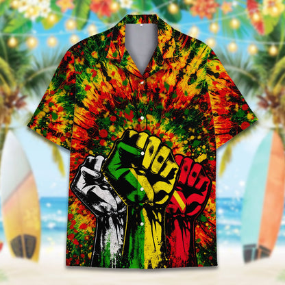 Detailed front view of the abstract tie-dye style hawaiian shirt with raised fists