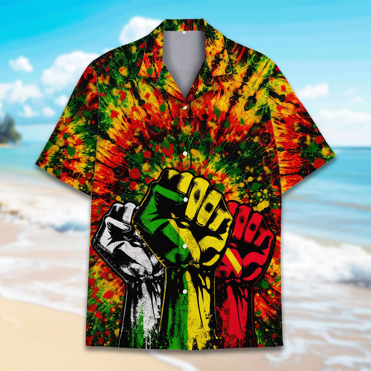 Alternate front view of the matching family hawaiian shirt in rasta colors
