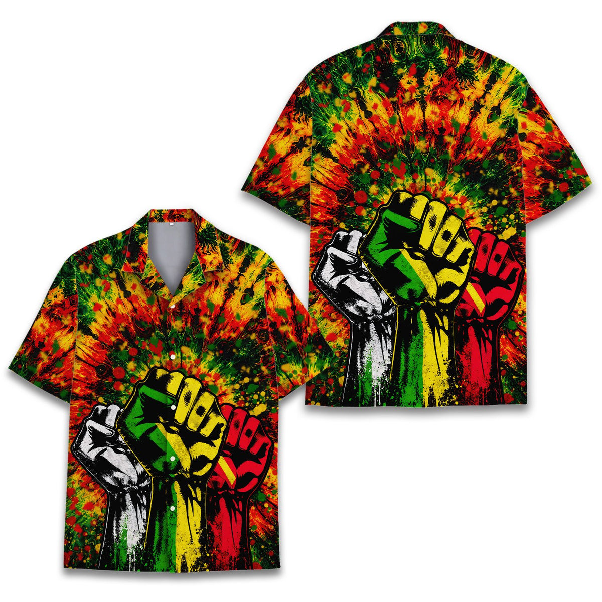 Vibrant reggae/rasta hawaiian shirt featuring raised fists and tie-dye background, main view