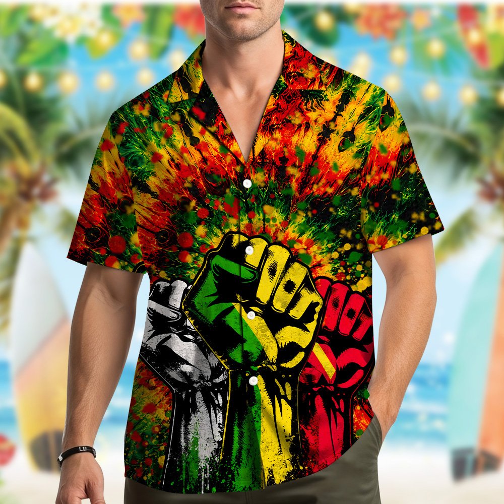 Second lifestyle view featuring the matching family hawaiian shirt in rasta colors