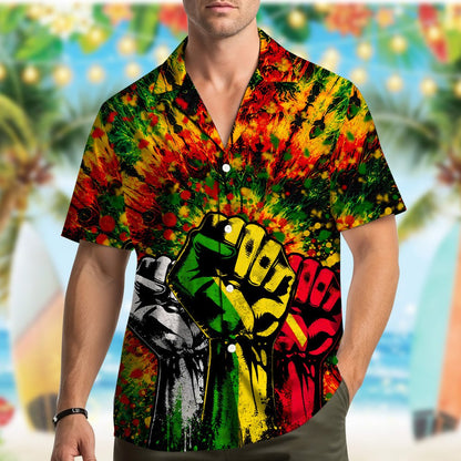 Second lifestyle view featuring the matching family hawaiian shirt in rasta colors