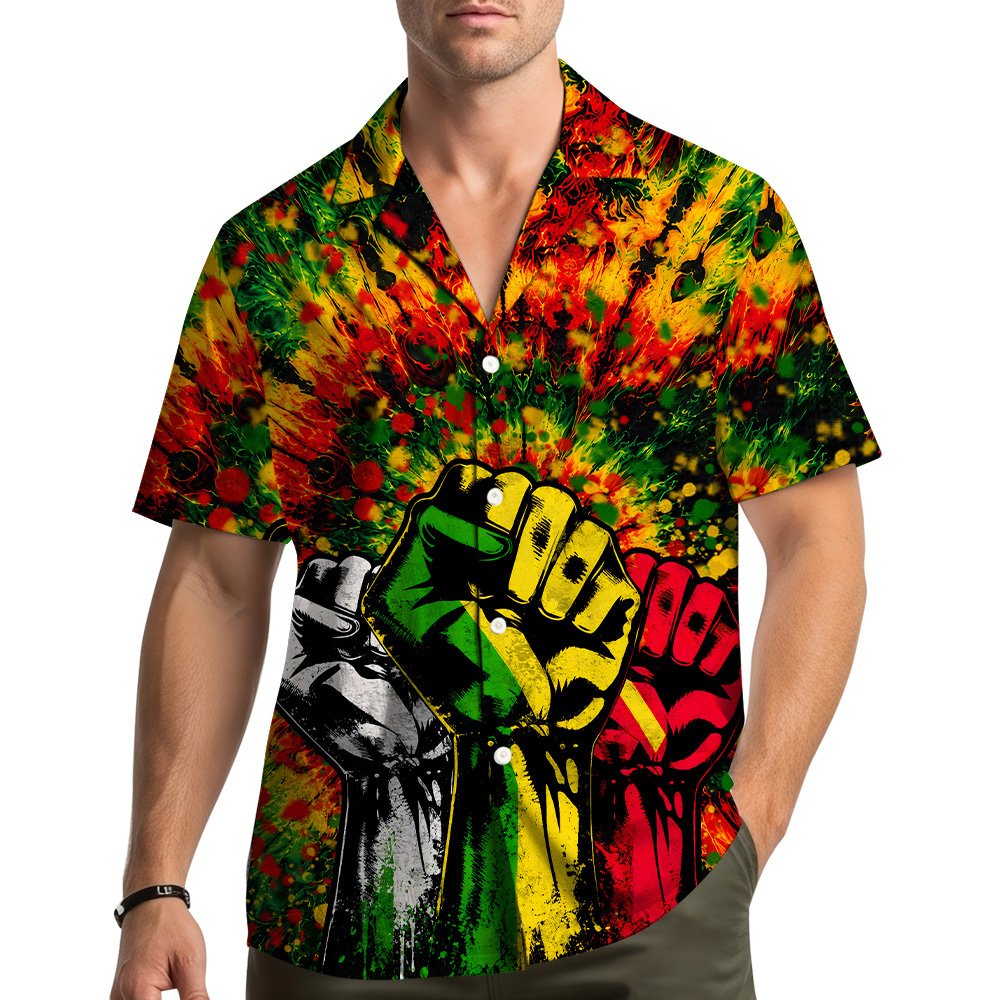 Third lifestyle view showing the bold red, yellow, and green hawaiian shirt in a casual setting
