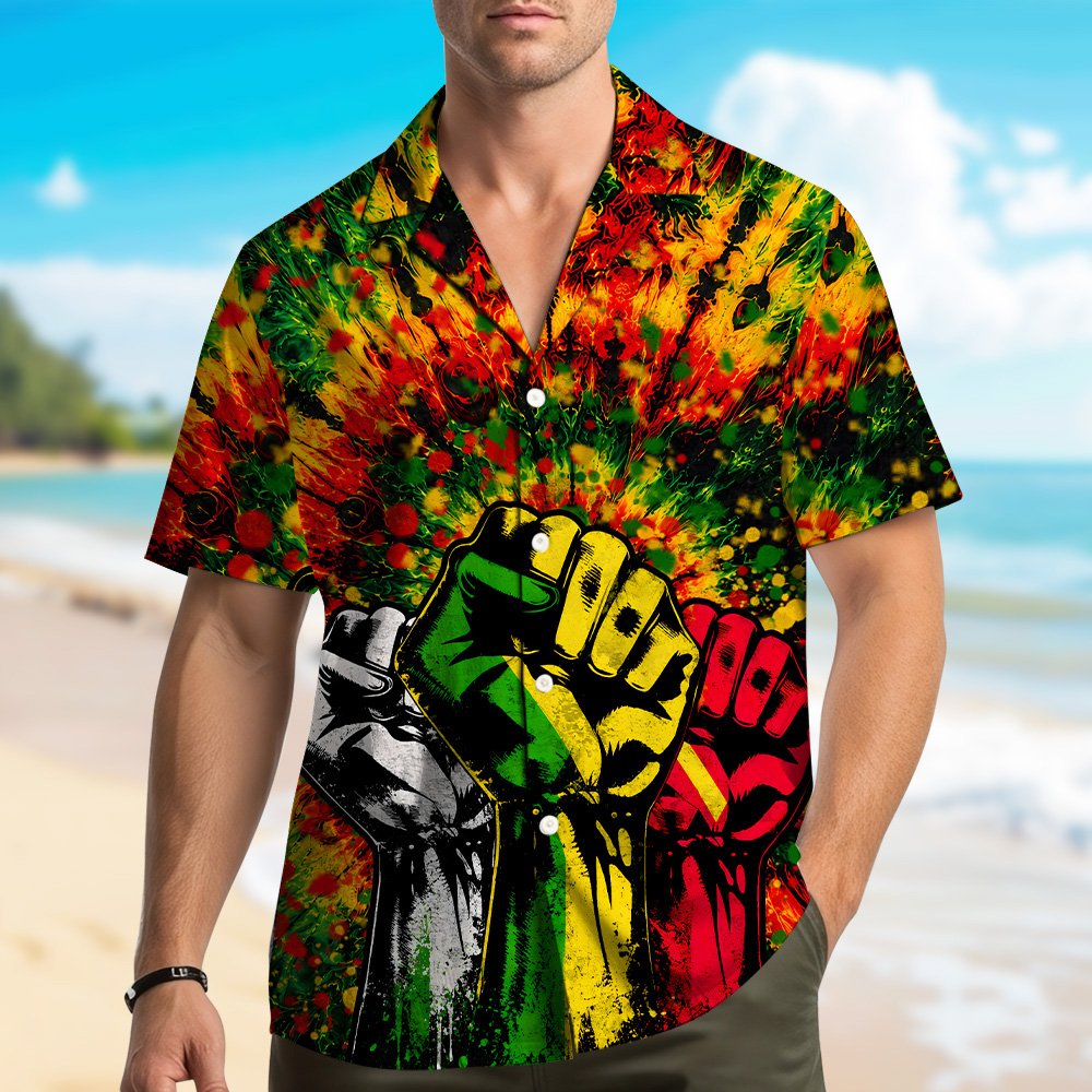 Lifestyle view of a person wearing the reggae/rasta hawaiian shirt outdoors