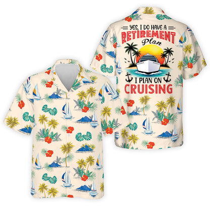 Beige retirement hawaiian shirt with tropical pattern, front view