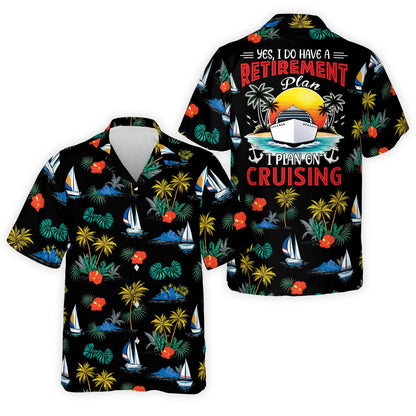 Black retirement hawaiian shirt with tropical pattern, front view