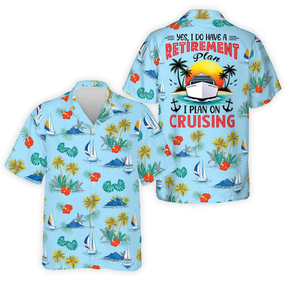 Light blue retirement hawaiian shirt with tropical pattern, front view