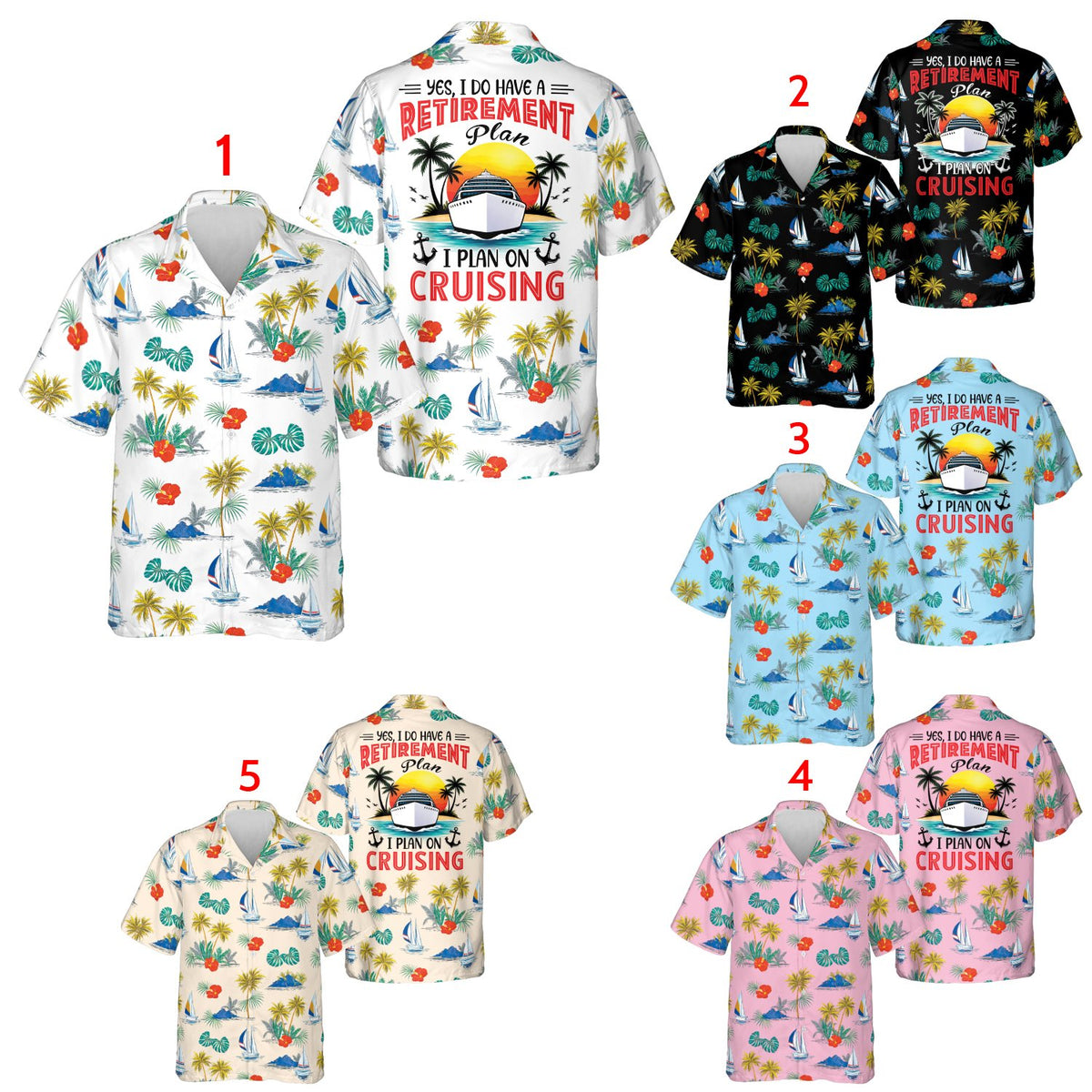 Front view of the retirement hawaiian shirt featuring a tropical pattern