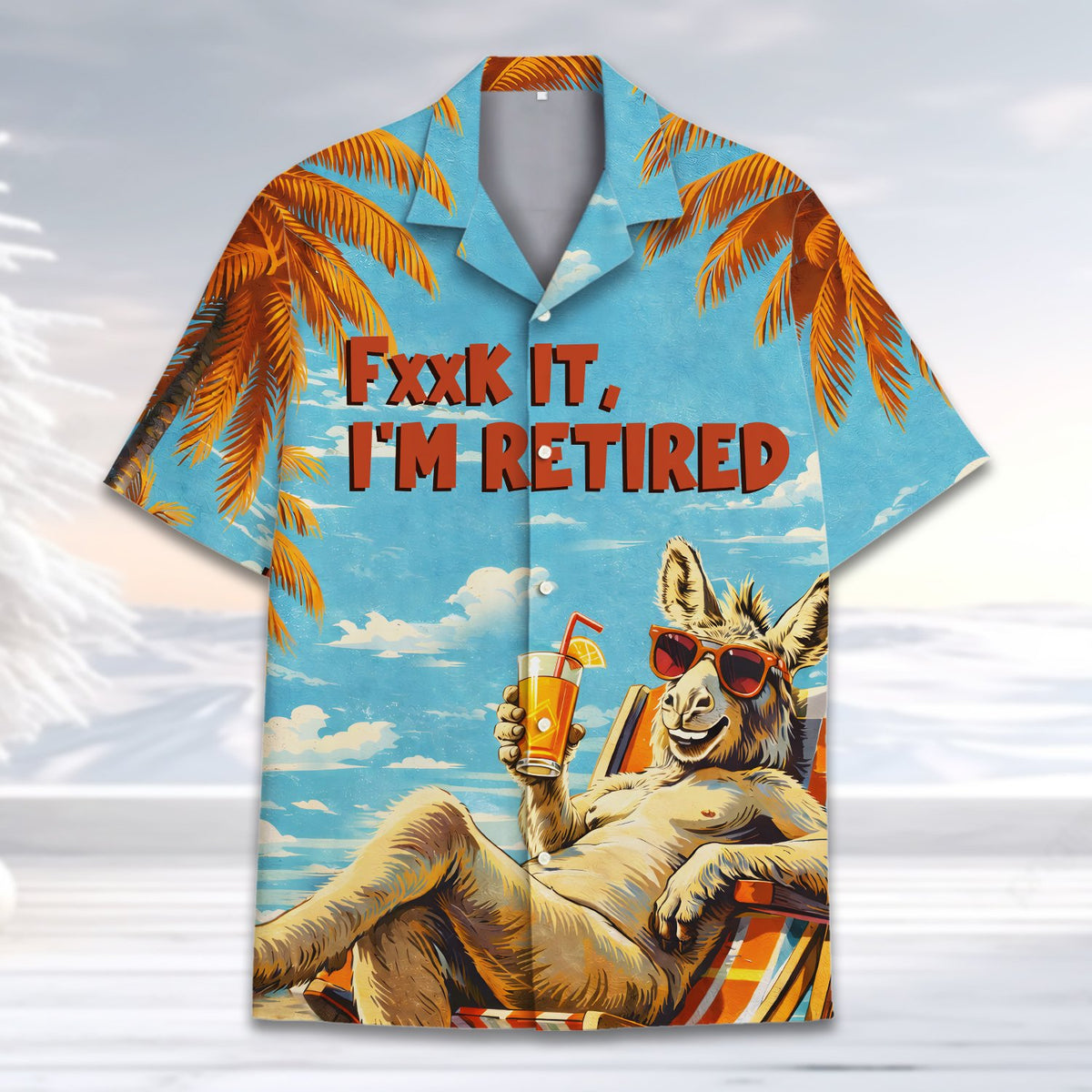 Blue retirement hawaiian shirt featuring a donkey on the beach