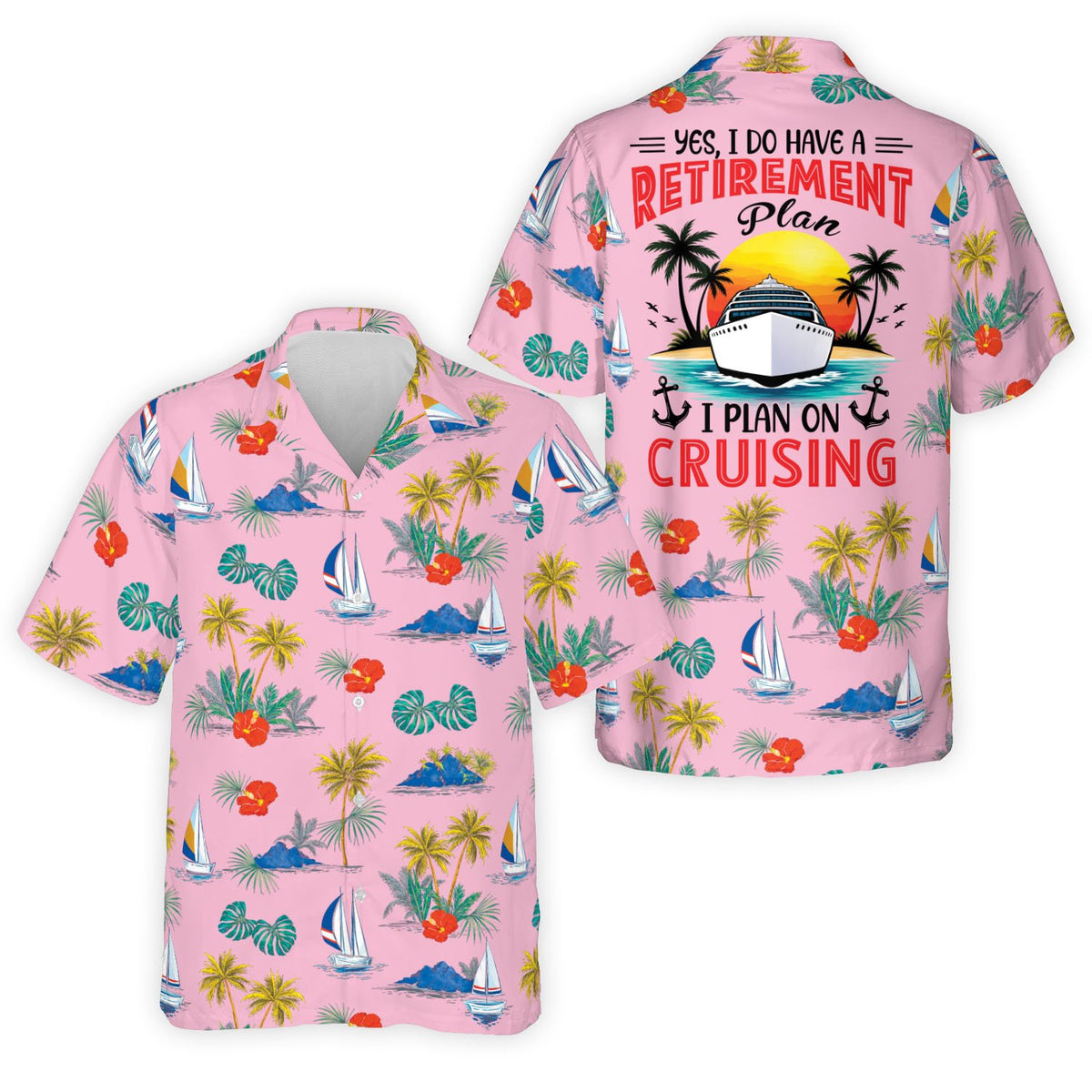 Pink retirement hawaiian shirt with tropical pattern, front view