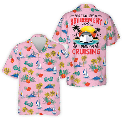 Pink retirement hawaiian shirt with tropical pattern, front view