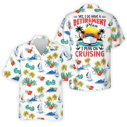 White retirement hawaiian shirt with tropical pattern and cruise graphic, main view