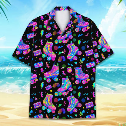 Matching family retro 80s 90s hawaiian shirt with neon cassettes and roller skates on black, main view