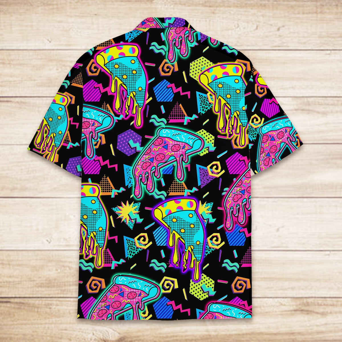 Alternate back view of the black retro Hawaiian shirt