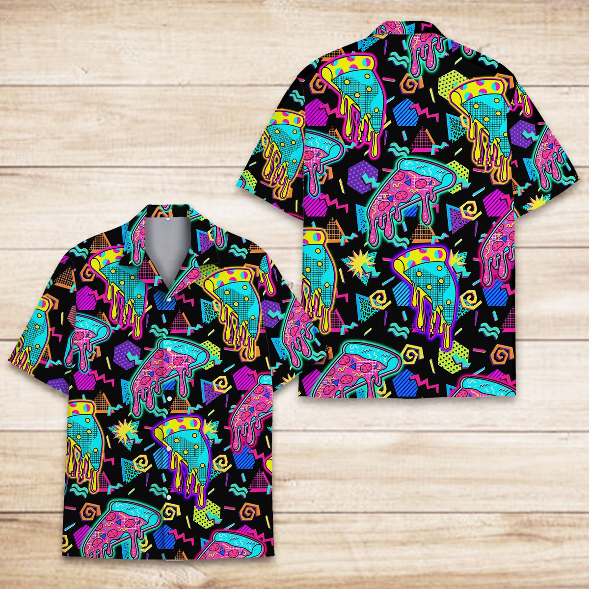 Detailed front view of the neon abstract pizza shirt