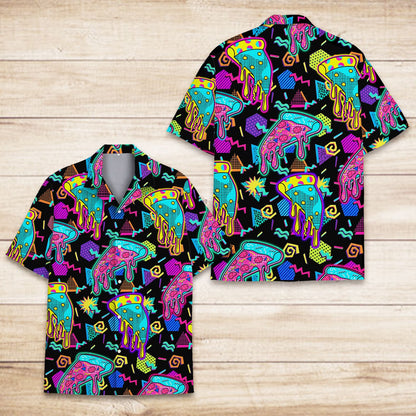Detailed front view of the neon abstract pizza shirt