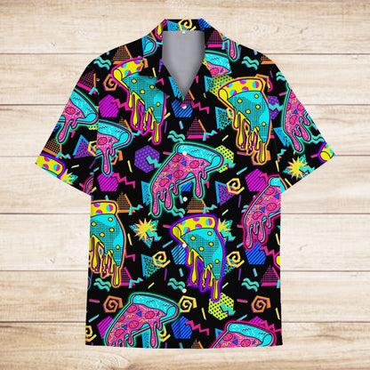 Front view of the retro 80s 90s pizza Hawaiian shirt