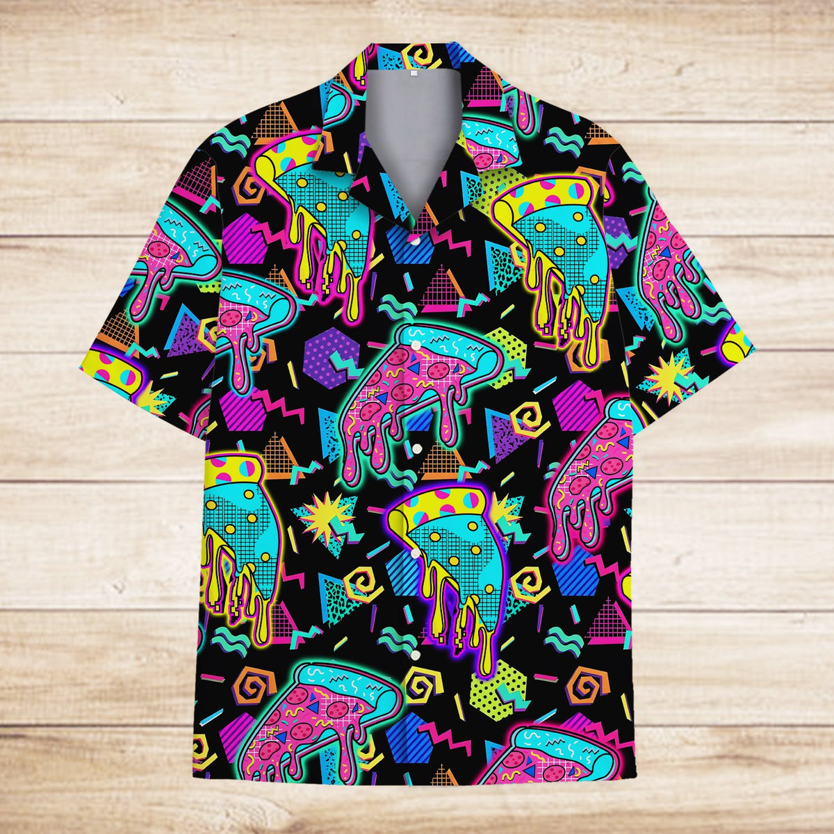 Retro 80s 90s pizza Hawaiian shirt main view featuring neon colors on a black background