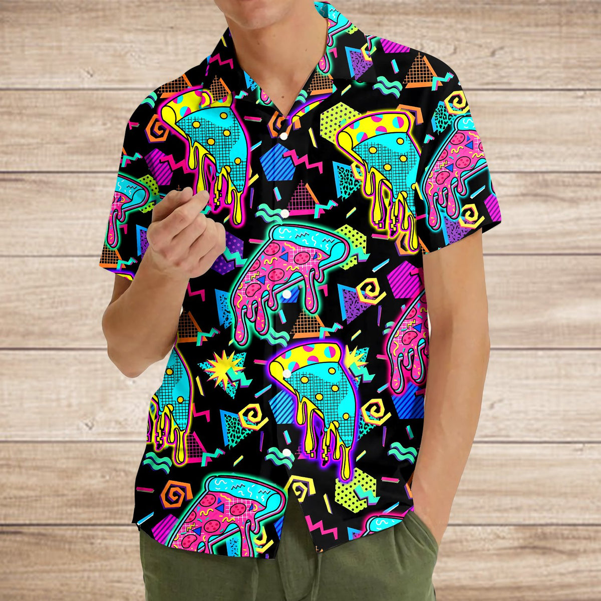 Fourth lifestyle view of the family matching pizza Hawaiian shirt