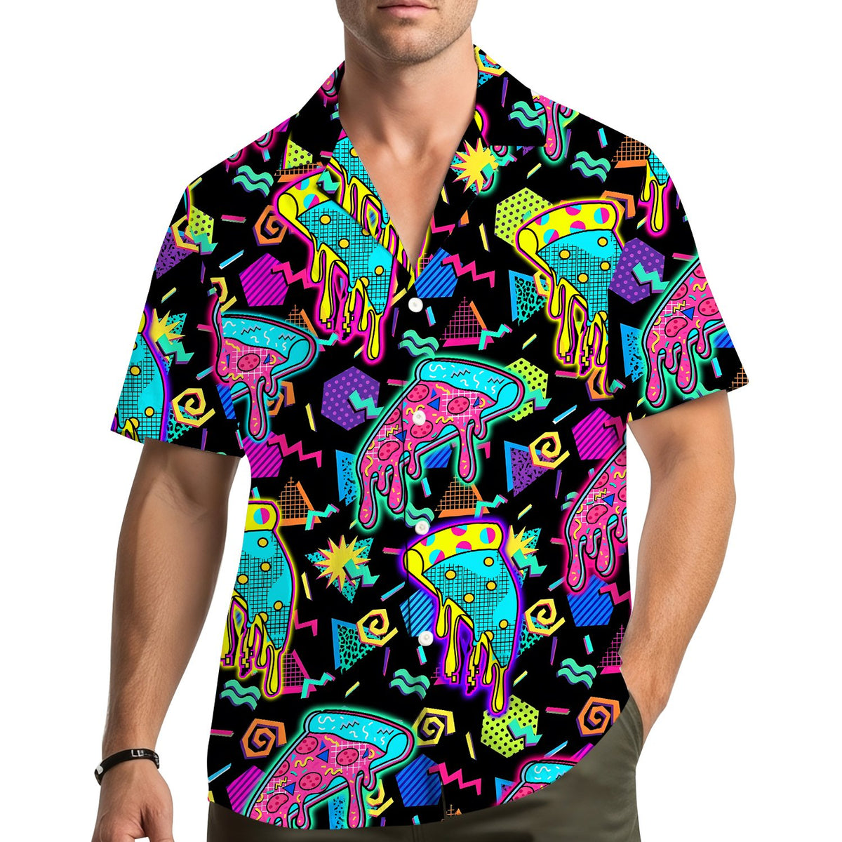 Lifestyle view of someone wearing the retro 80s 90s pizza Hawaiian shirt