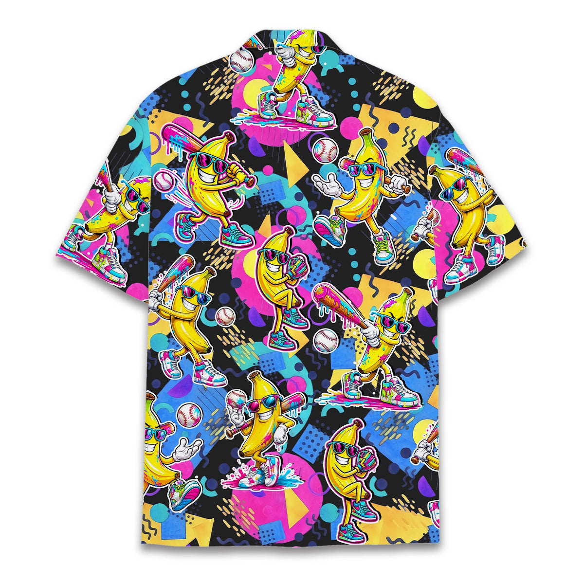 Back view of the retro 90s bananas hawaiian shirt in black