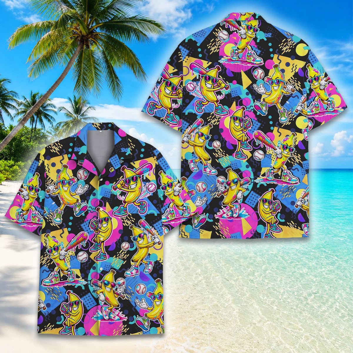 Front view of the retro 90s bananas hawaiian shirt in black