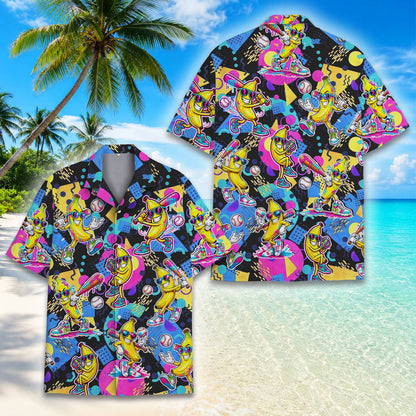 Front view of the retro 90s bananas hawaiian shirt in black
