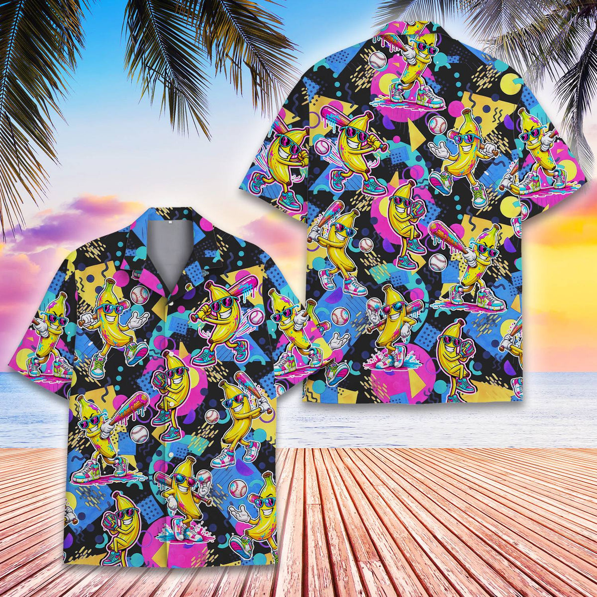 Another front view of the black retro hawaiian shirt