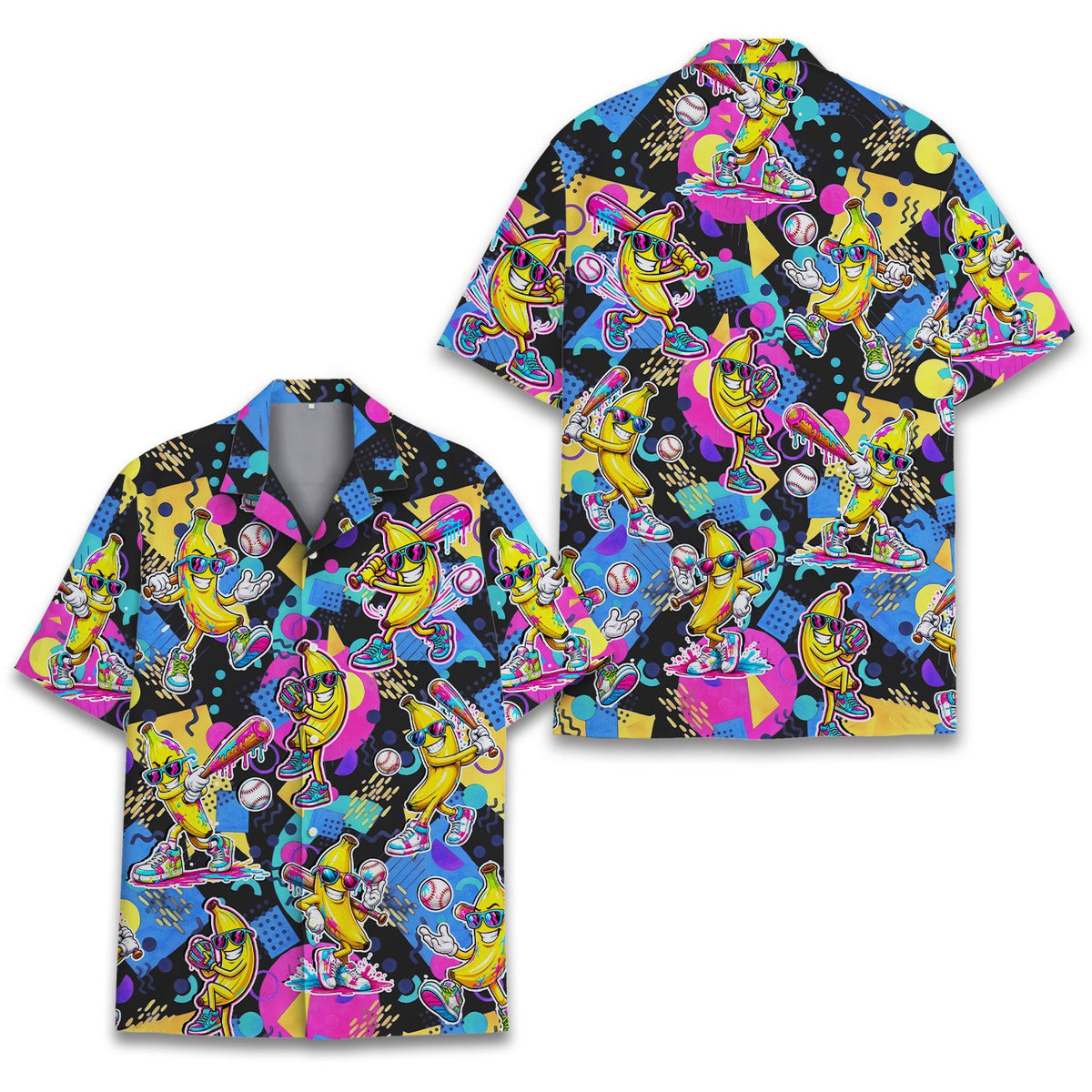 Front detail of the abstract hawaiian shirt with cartoon bananas