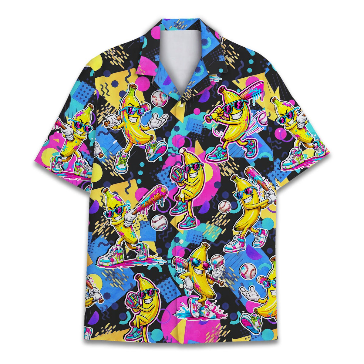 Main view of the retro 90s bananas hawaiian shirt in black