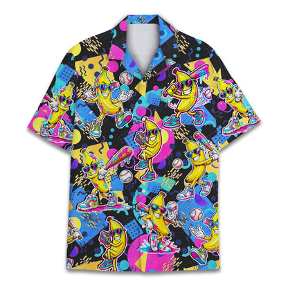 Main view of the retro 90s bananas hawaiian shirt in black