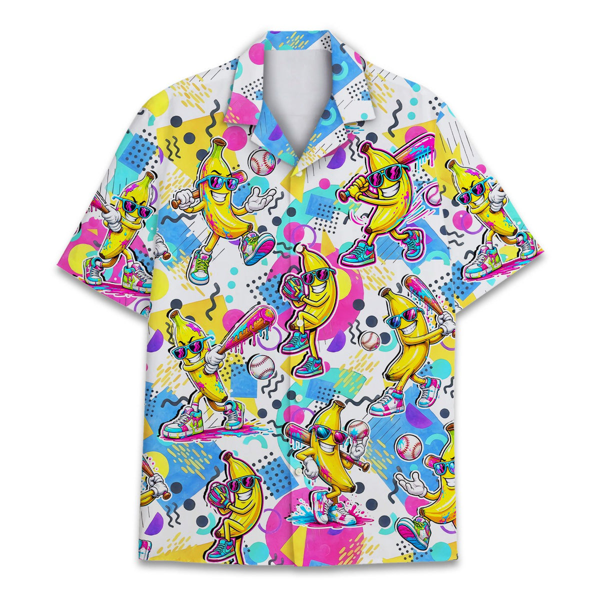 Front view of the matching family hawaiian shirts with banana print in white