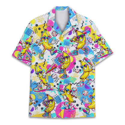 Front view of the matching family hawaiian shirts with banana print in white