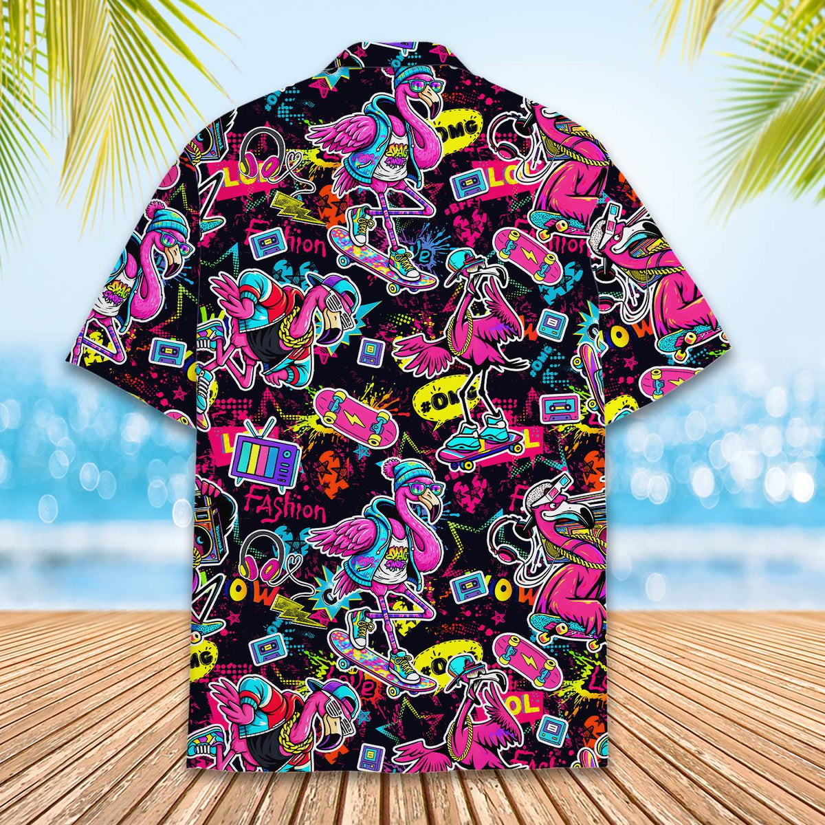 Detailed back print of skateboarding flamingos on black hawaiian shirt