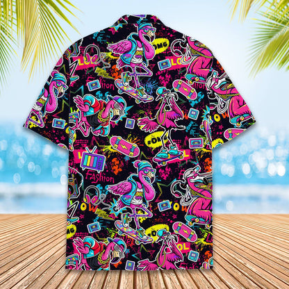 Detailed back print of skateboarding flamingos on black hawaiian shirt