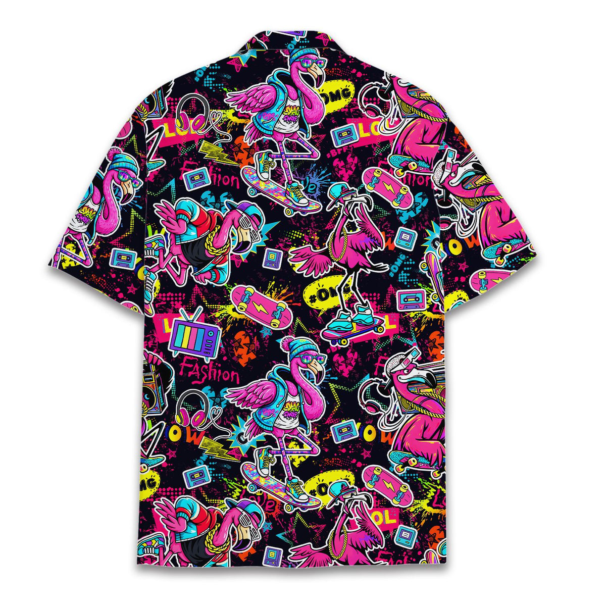 Back view of retro 90s flamingos hawaiian shirt