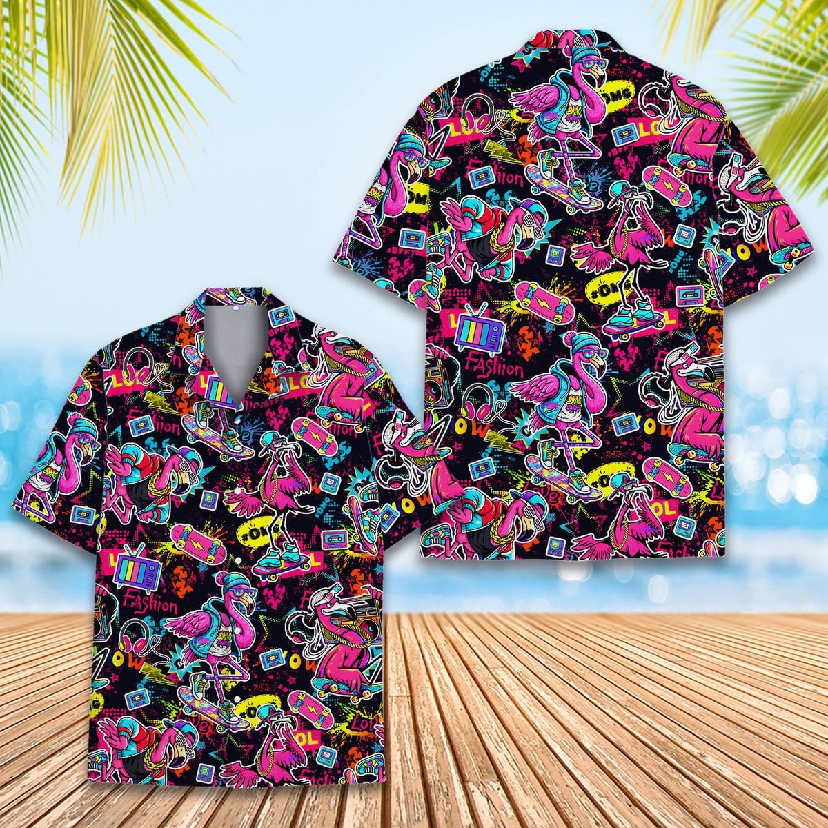 Black retro hawaiian shirt featuring skateboarding flamingos front