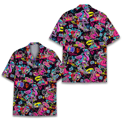 Matching family retro 90s flamingos hawaiian shirt front view