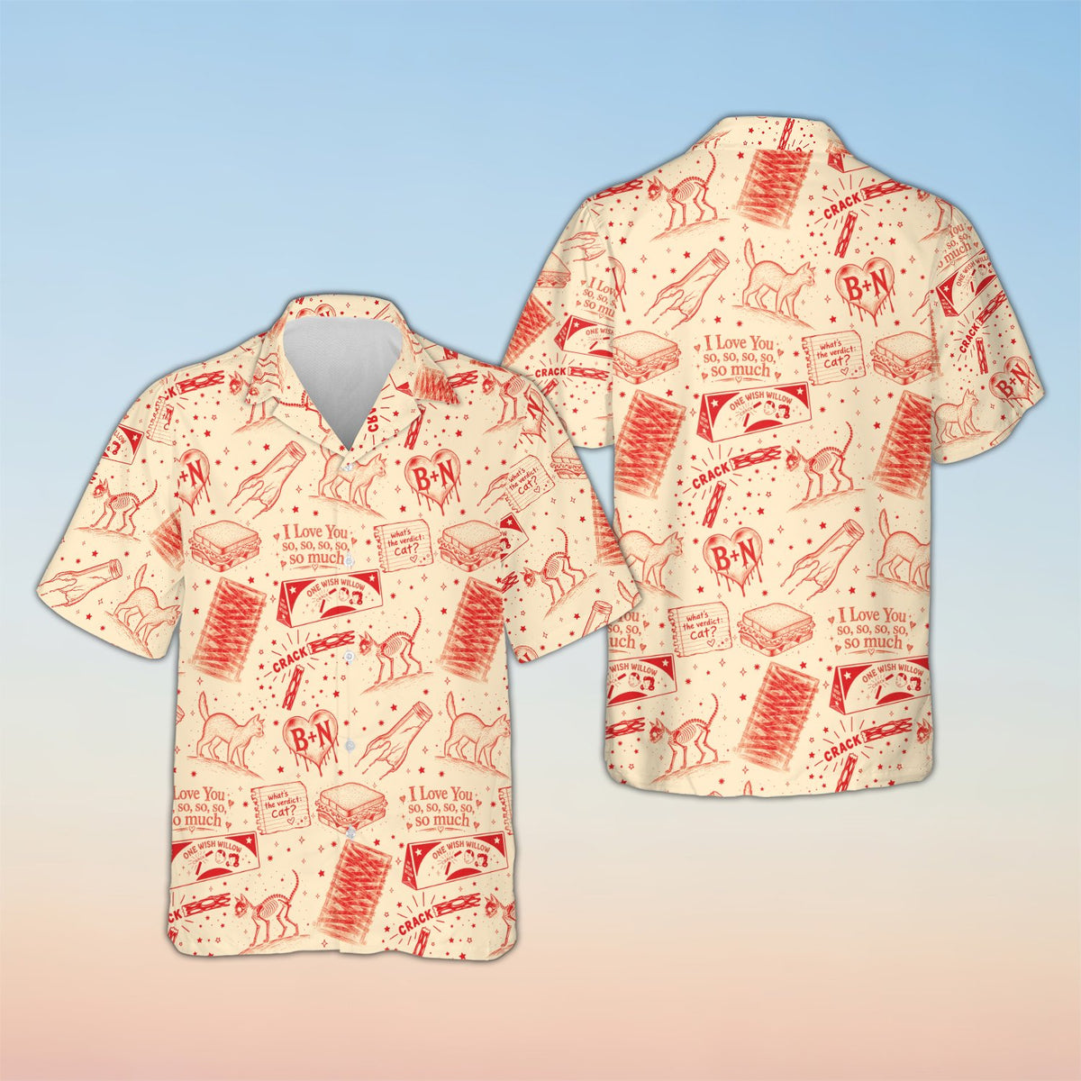 Beige retro hawaiian shirt with red line art design, front view