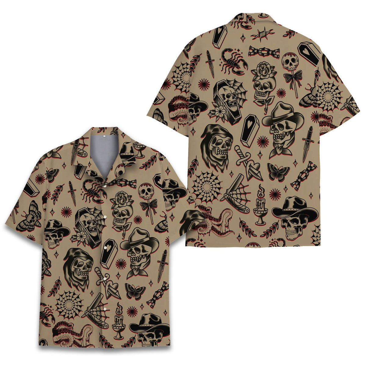 Matching family retro hawaiian shirt featuring a beige traditional tattoo flash pattern, main view