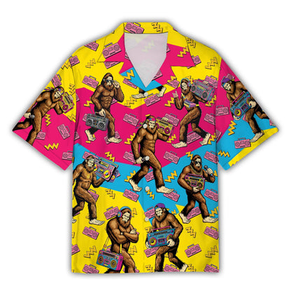 Yellow retro hawaiian shirt featuring Bigfoot carrying a boombox, back view