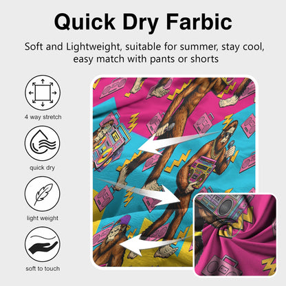 Close-up detail of the retro bigfoot hawaiian shirt pattern