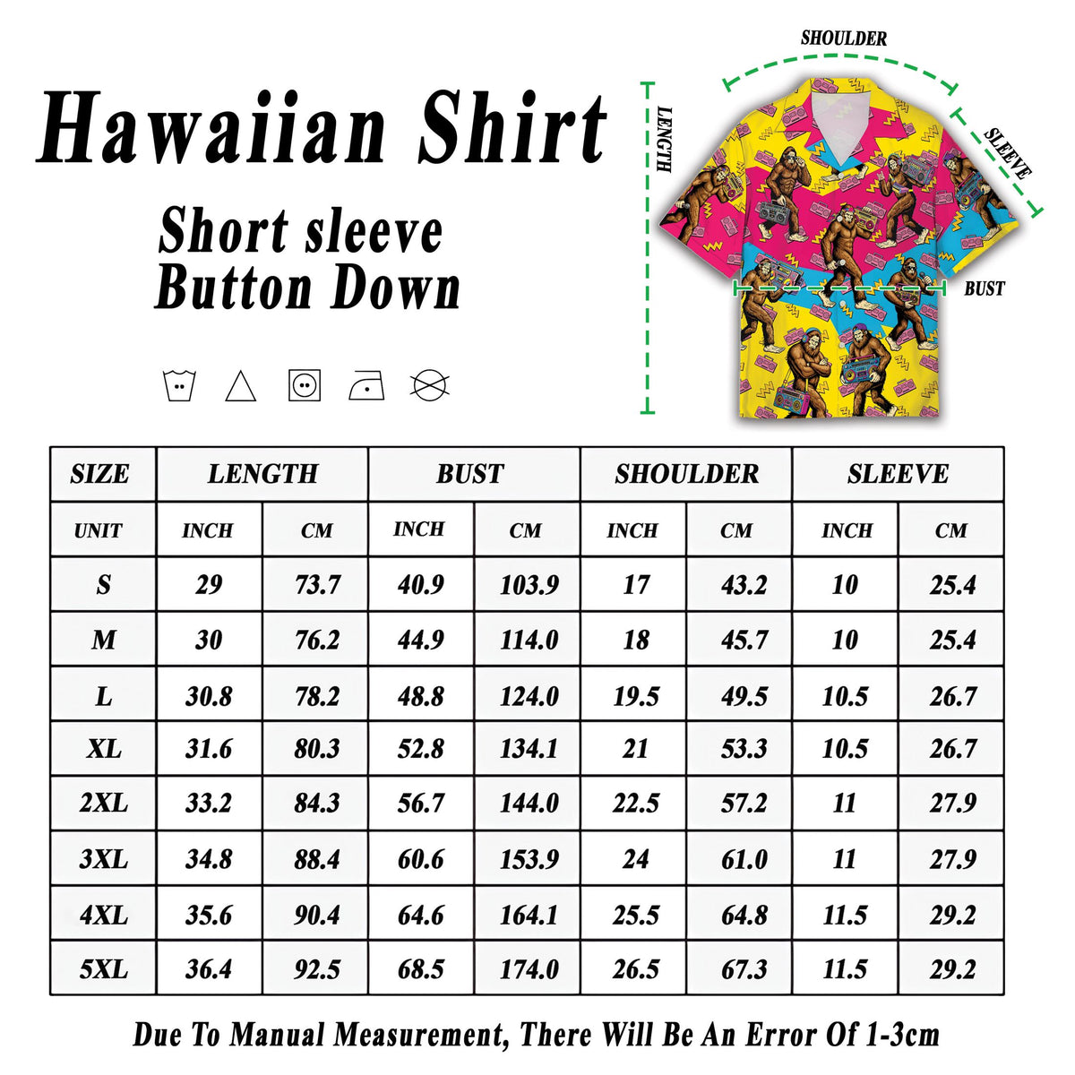 Close-up detail of the vibrant pink and blue geometric print on the hawaiian shirt