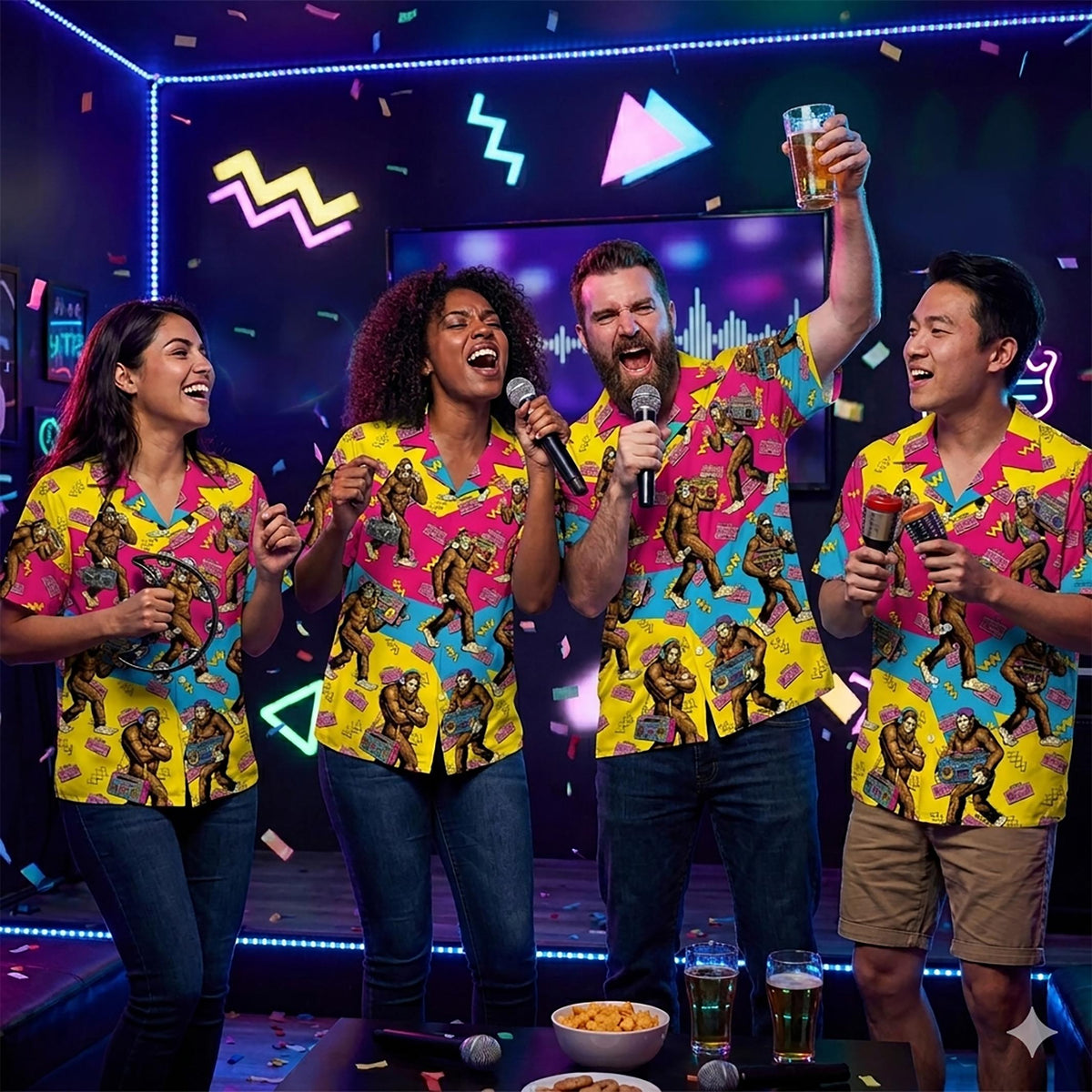 Yellow retro hawaiian shirt featuring Bigfoot carrying a boombox, front view