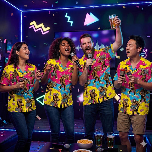Yellow retro hawaiian shirt featuring Bigfoot carrying a boombox, front view