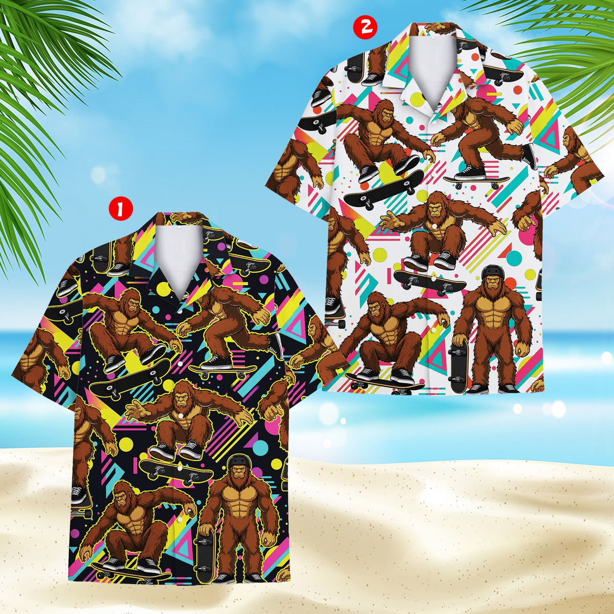 Close up front view of retro bigfoot hawaiian shirt