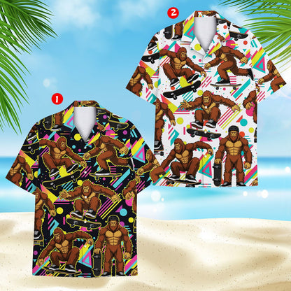 Close up front view of retro bigfoot hawaiian shirt