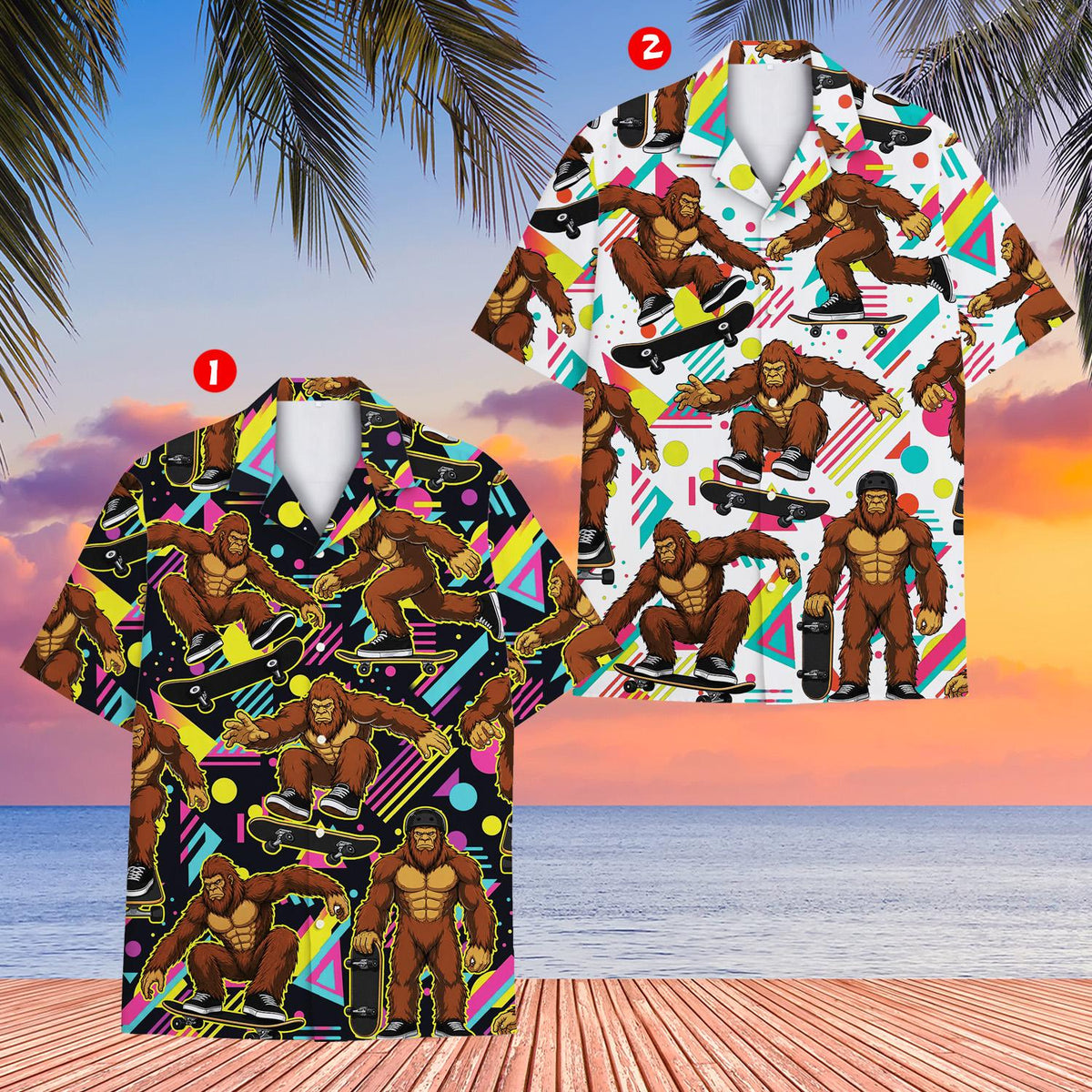Another front view of family hawaiian shirt with neon geometric shapes