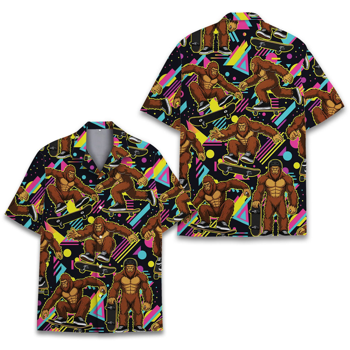 Front view of 90s inspired retro bigfoot hawaiian shirt