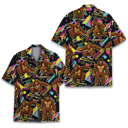 Front view of 90s inspired retro bigfoot hawaiian shirt